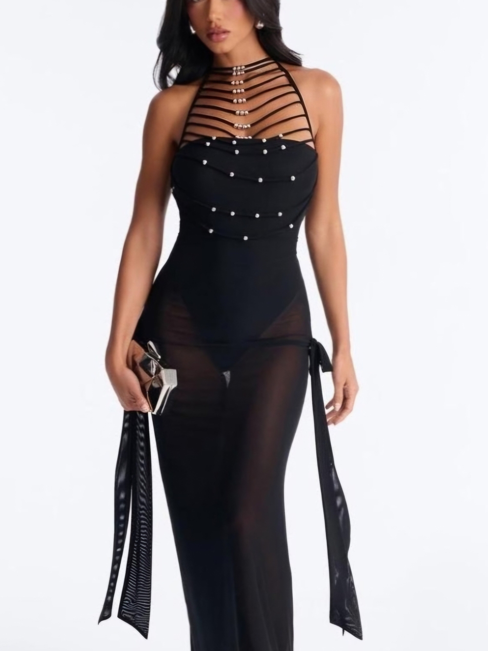 Fashion Nova Black Strapless Maxi Dress with Pearl Details